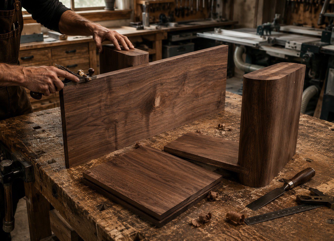 A craftsman shaping walnut panels in the workshop